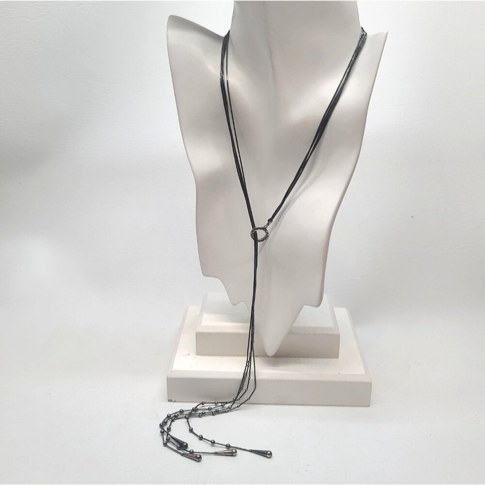 Liquid silver multi strand lariat necklace oxidized metal minimalist long drop